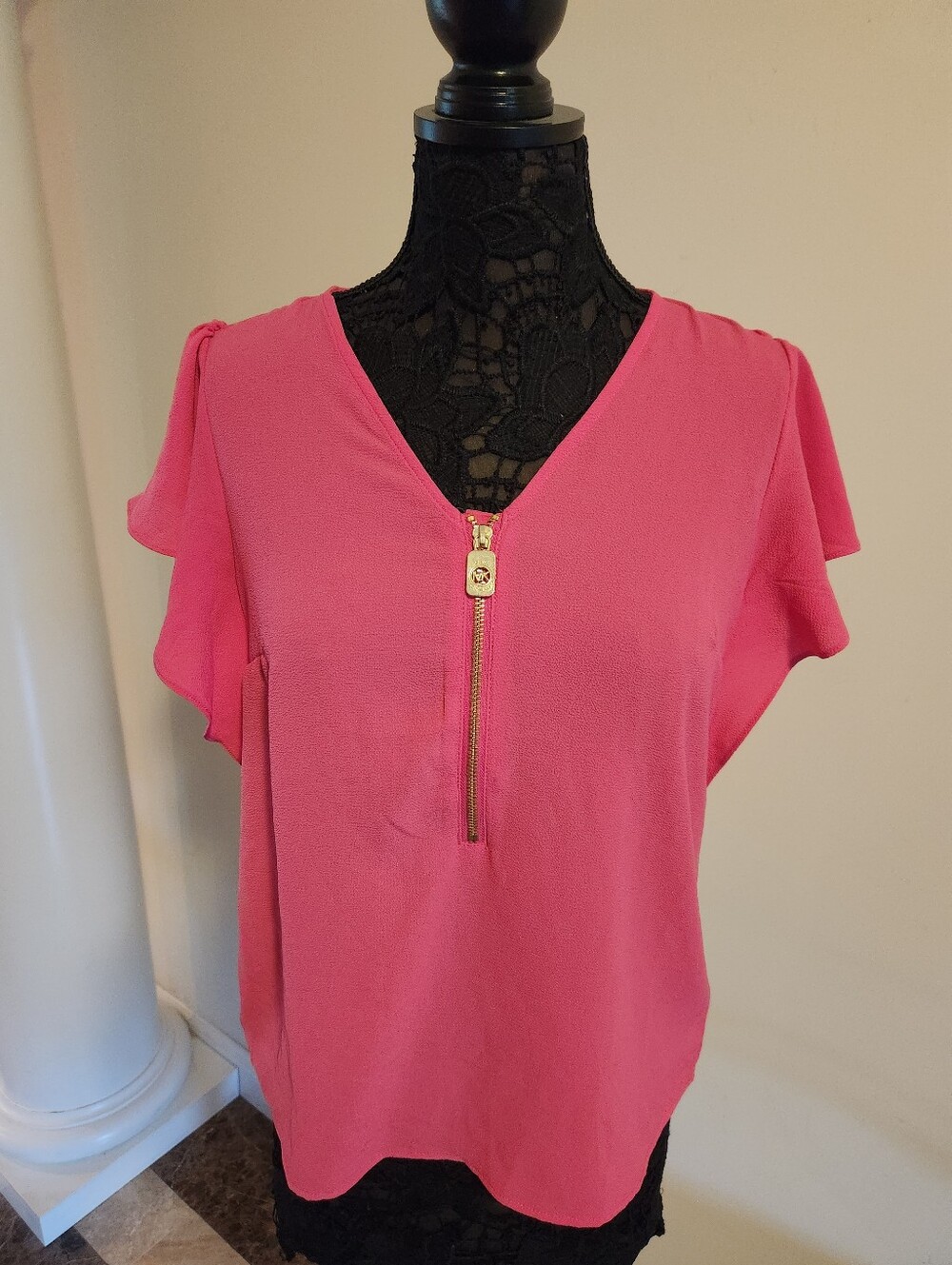 Michael Kors Hot Pink Zip-Front Flutter Sleeve Blouse
